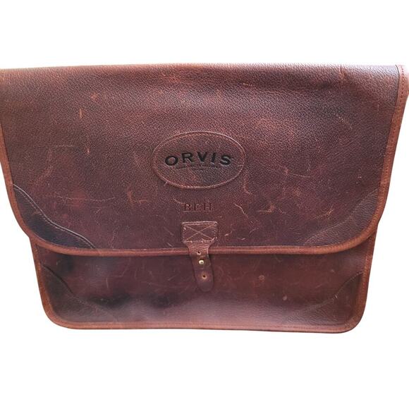 ORVIS Bullhide Brown Thick Leather Bag Vintage Portfolio Briefcase Weekend - Picture 1 of 15